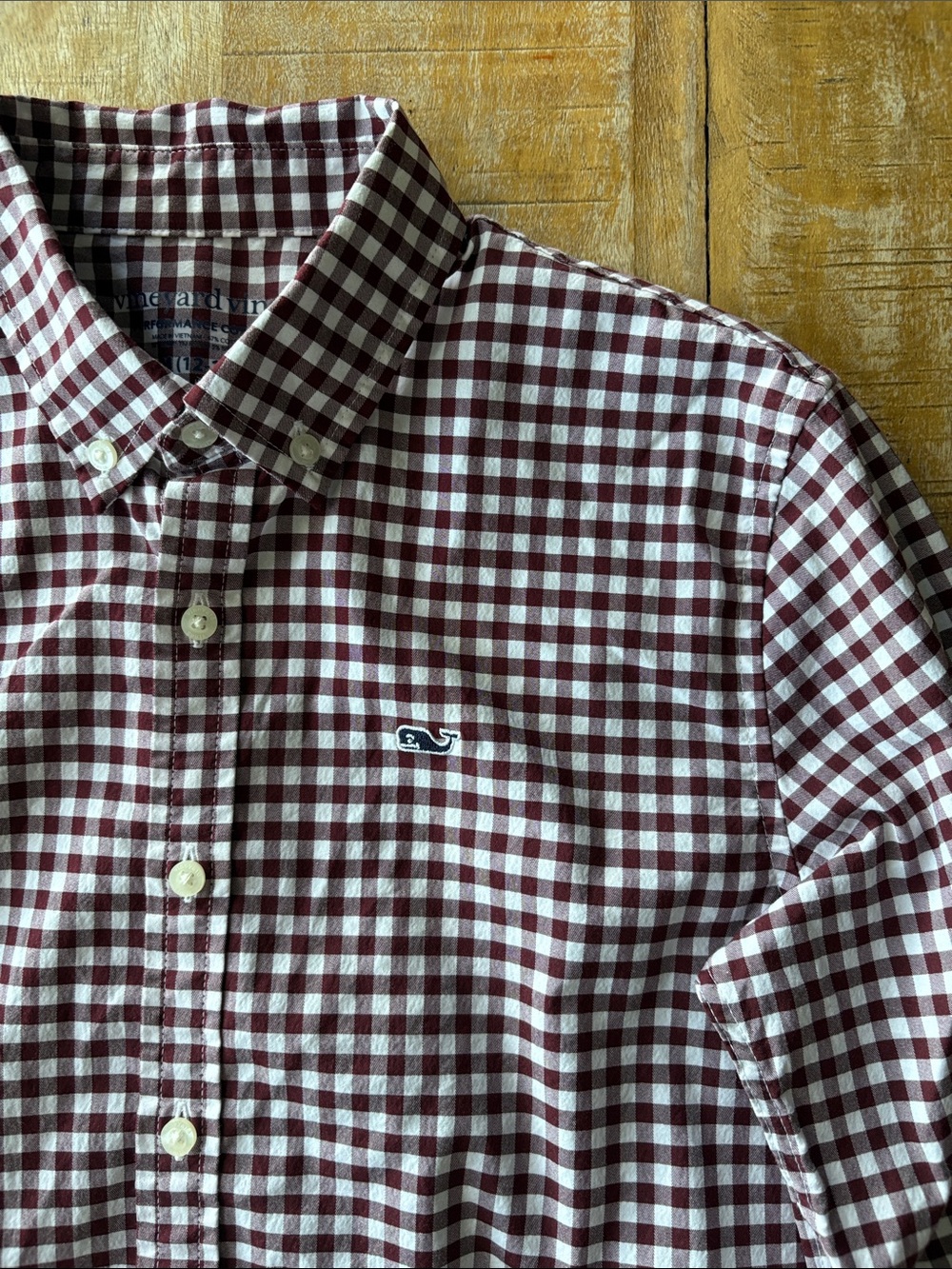 Vineyard Vines Boys Maroon & White Gingham Shirt M(12-14)
